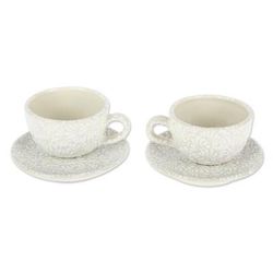 Serene Spring,'Beige and Ivory Ceramic Cup and Saucer Set (4 Pieces)'