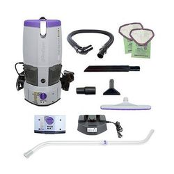 ProTeam GoFree Flex Pro II, 12 Ah, 6 quart Cordless Backpack Vacuum 107644 with Xover Multi-Surface Telescoping Wand Tool Kit 107100