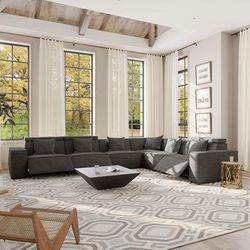 141.05" Minimalist Power Reclining L-shaped Corner Couch, 3 Recliners, Sofa with 4 Main Seats and 2 Extras, Fabric, Dark Gray