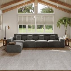 145.28"Minimalist Power Reclining Sofa with Ottoman, 3 Recliners,? Water Repellent, Scratch Resistant, Living Room, Dark Gray