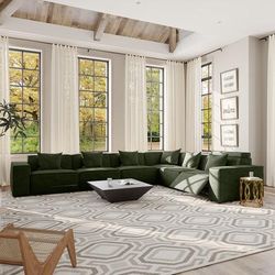 141.05" Minimalist Power Reclining L-shaped Corner Couch, 2 Recliners, Sofa with 4 Main Seats and 2 Extras, Fabric, Dark Green