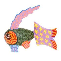 'Hand-Painted Wood Fish Alebrije Figurine in Green and Purple'