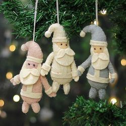 'Santa-Themed Set of 3 Wool Felt Ornaments Crafted in India'