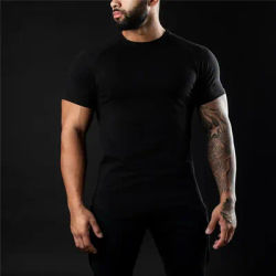 2024 New men's cotton T-shirt sports leisure running gym exercise training elastic quick drying short sleeve T-shirt men's top