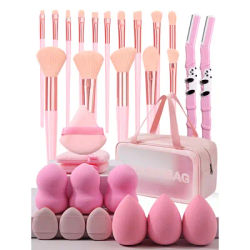 30Pcs Makeup Brushes Kit ,3 Fingertip Puff,3 Sponge Puff, 6 Sponge Egg,2 Eyebrow razorSuitable Makeup Bag for Beginners