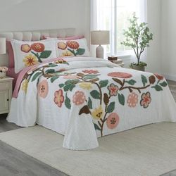 Bloom Chenille Bedspread by BrylaneHome in Deep Coral Multi (Size QUEEN) Floral Bedding Colorful Flowers