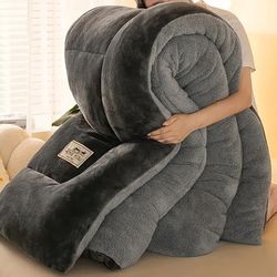 TEMU 1pc Contemporary Quilted Fleece Blanket - Plush Microfiber, Machine Washable, Breathable Polyester Fiber Fill, No Print - Winter Thickened Warm Sheepskin Quilt