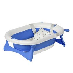 TEMU Foldable Baby Bathtub Set, Collapsible Bath Tub With Water Plug, Non-slip Support, Cushion Pad, Drain Plugs, For Newborn To 3 Years