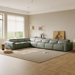 171.26"Power L Shape Modular Couch With 5 Recliner Seats,Eco-friendly Microfiber Leather, USB/Type C Charging Port, Adjustable Headrest, Living Room, Dark Green