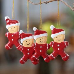 'Hand-Painted Set of 4 Red Wood Gingerbread Boy Ornaments'