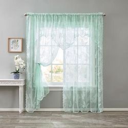 Wide Width Ella Lace Romantique Curtain by BrylaneHome in Misty Jade (Size 58" W 84" L)