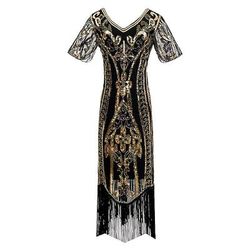 Anni Ruggenti Anni 1920 Lunghezza al ginocchio Lunghezza corta Abito Flapper Manica illusione Maniche corte Il grande Gatsby Invitato al matrimonio Paillettes Paillettes Scollo a V Costume Per donna
