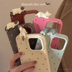 Cute 3D Cat Decorative Polka Dot Phone Case for IPhone16 15 14 12 13 11 Pro ProMax Plus X XR Shockproof Phone Cover