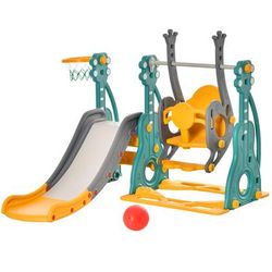 TEMU Homcom 3-in-1 Kids Swing And Slide Set With Basketball Hoop Slide Swing Adjustable Seat Height Toddler Playground Activity Center Indoor And Outdoor Play Equipment