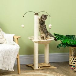 TEMU Cat Tree For Indoor Cats, Cat Scratching Post With Bed, Toy Ball, 53.5 X 53.5 X 90cm - Beige