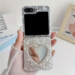 TEMU Ins Rhinestone Love Heart Makeup Mirror Glitter Sequins Epoxy Folding Phone Case For For Galaxy Z Flip 6 5 4 3 Korean Bling Shockproof Protect Back Cover