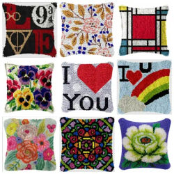 Simple Love Classic Style Latch Hook Set Embroidery Latch Hook Kit Rainbow Pattern Latch Hook Pillow Button Pad Package Handmade