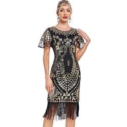 Anni Ruggenti Anni 1920 Lunghezza al ginocchio Vestito Abito Flapper Maniche corte Il grande Gatsby Gentildonna Invitato al matrimonio Paillettes Frangia con nappe Scollo Tondo Costume Per donna