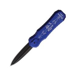 Piranha Knives Auto Excalibur Automatic Folding Knife 3.25in 154CM Double Edge Dagger Blade Black DLC Blue Aluminum Handle P-8BT