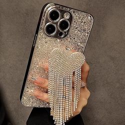 TEMU For 15promax Iphone14 High-end 13 Luxury Rhinestone Love Tassel Holder 12 Silvery Plated Sequin 14promax/15promax/16promax/13promax/11/12promax/13/14/14pro/15pro/15plus Cases