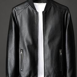 TEMU Men's Sleek Leather Jacket - Casual & Business-ready, Baseball Collar With Metal Chain Detail, Machine Washable