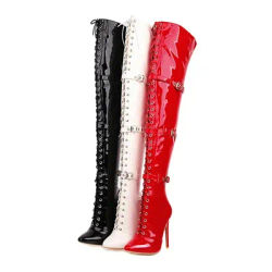 Cuissardes hautes à nouer en croix pour femmes, chaussures Sexy à bout pointu, talons hauts fins au-dessus du genou, en cuir verni, 33-46