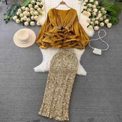 Ensemble 2 pièces élégant pour femmes, haut de gamme, mode d'été, col en V, ceinture, volants, hauts courts + taille haute, jupes longues et Slim, jupes de fête