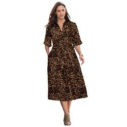 Plus Size Women's Soft Denim Shirtdress by Jessica London in Brown Painterly Cheetah (Size 28 W)