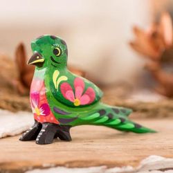 'Hand-Painted Wooden Figurine of Guatemalan Quetzal Bird'