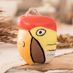 'Hand-Carved and Painted Bird-Themed Folk Art Wood Wall Mask'