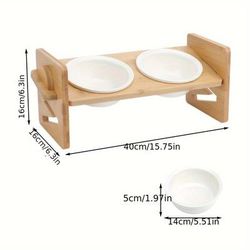 TEMU Adjustable Bamboo Stand Ceramic Bowl Feeder
