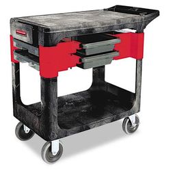 Rubbermaid 6180 BLA Two-Shelf Trades Cart, Plastic, 2 Shelves, 2 Drawers, 330 lb Capacity, 19.25" x 38" x 33.38", Black RCP6180BLA