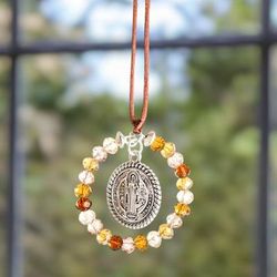 Saint Benedict in Earth,'Crystal and Pewter Saint Benedict Suncatcher in Earthy Hues'