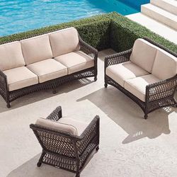 Hampton 3-pc. Sofa Set in Black Walnut Wicker - Standard, Light Aruba - Frontgate