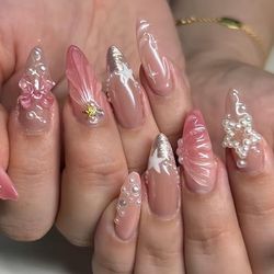 TEMU 24-pack Pink French 3d Acrylic Press-on Nails, Long Almond Shape With Star & Rhinestone Designs, Glossy Finish, Includes Jelly Glue & Nail File, For Women And Girls