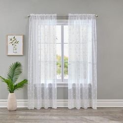 Wide Width Embroidered Voile Panel by BrylaneHome in White Floral Eyelet (Size 52" W 108"L)