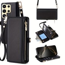 TEMU For S24/s24 Plus/s24 Ultra/s24 Fe Crossbody Credit Card Holder Rfid Shielding Zipper Phone Bag, Leather Flip Book Case Men And Women Ring Mobile Phone Case