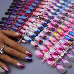 TEMU -inspired Nail Tips Set - Mixed , Drop-shape Short Ballet Nails With Colorblock Gradient, Strobe Finish, Fashion & Stage Style, Easy To Apply (11 Colors)