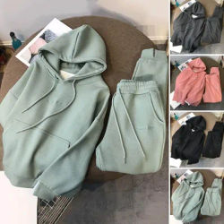 Top Trousers Set Shrinkable Hem Solid Color Women Hoodie Jogging Pants Suit Pockets Fleece Lining Casual Outfit Streetwear