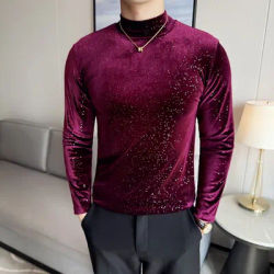 T-shirt tricoté à col mi-haut pour hommes, T-shirt à manches longues de haute qualité pour hommes, coupe cintrée décontractée, couleur unie