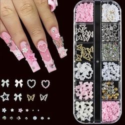 TEMU 3d Nail Art And , Golden Silvery Charms + Seductive Bow & Heart Charms + 3d Flower Nails With Rhinestones,, Diamonds Y2k Manicure Accessories For Women