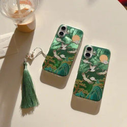 Auspicious INS Green Mountain Chinese Style Crane Tassel Dangle Phone Case for iPhone 16 15 14 13 Pro Max Back Phone Cover Capa