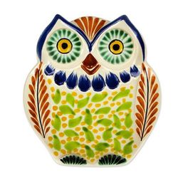 Majolica ceramic dish, 'Curious Green Owl'