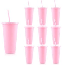 TEMU 5/10 Pack Pink Plastic Tumblers With Lids And Straws - 24oz Reusable Iced Coffee Cups, Hand Wash Only, Round Shape, Ideal For Summer & Theme Parties, Poolside, Gifts & Decorations