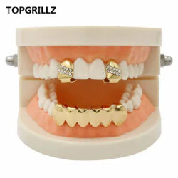 TOPGRILLZ Hip Hop Grillz Yellow Gold Color Plated 2 Single Top Teeth Grillz Caps With CZ Stone Tooth Grills & Classic Bottom