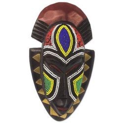 Jama,'Handmade Wood Wall Mask with Glass Bead and Brass Accent'