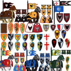 Blocs de construction de la Légion de chevalier romain médiéval, château, Dragon vert, forêt, loup, cheval de guerre, bouclier de Lion, armure, cape, jouets en brique