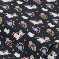Tissu jersey de coton "licorne" avec élasthanne, bleu foncé/coloré