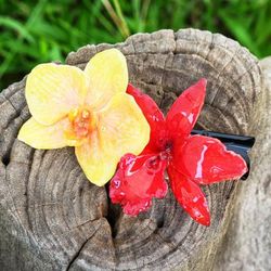 'Autumn-Inspired Yellow and Red Orchid Flower Resin Hair Clip'