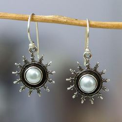 'Sun-Shaped Sterling Silver and White Pearl Dangle Earrings'